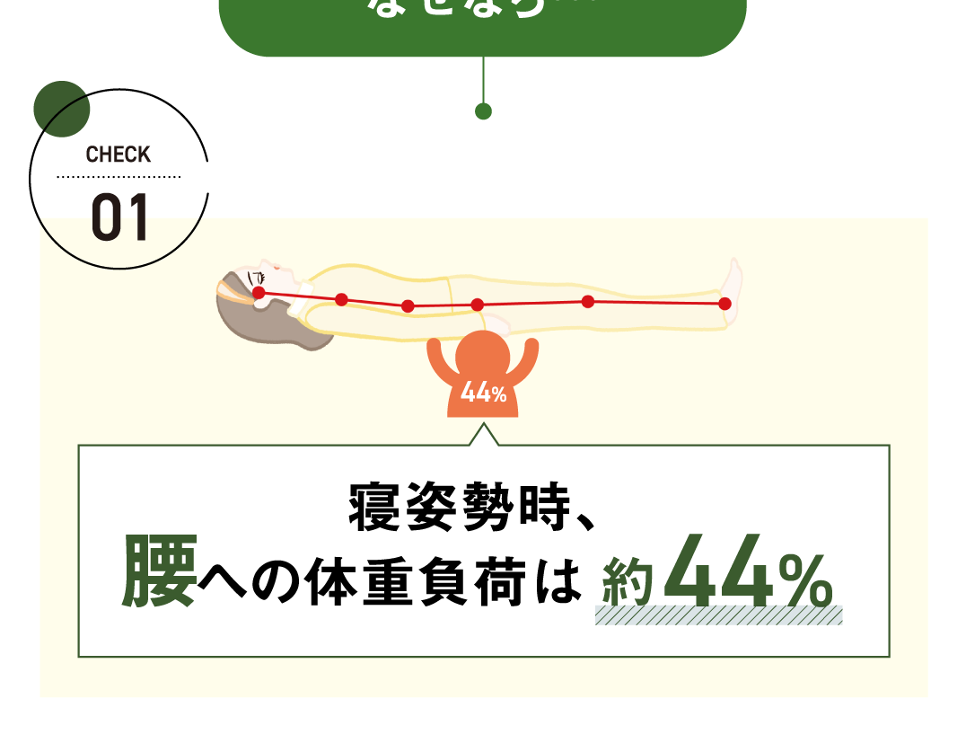 寝姿勢時、腰への体重負荷は約44%