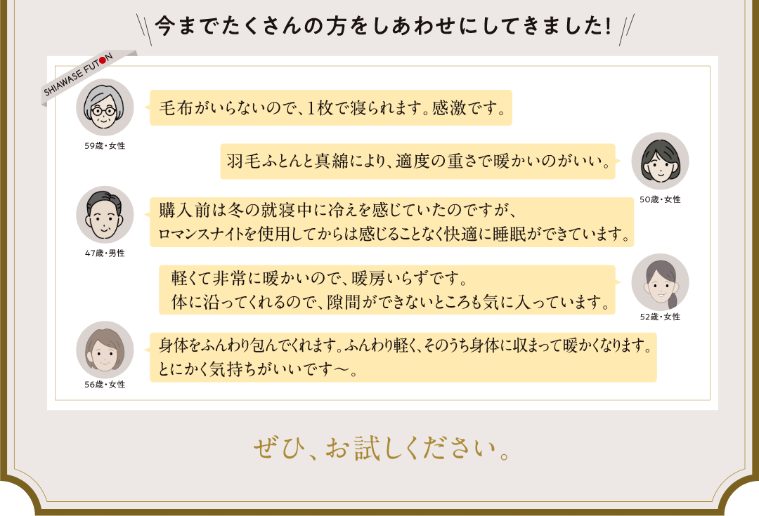 今までたくさんの方をしあわせにしてきました！ぜひお試しください。